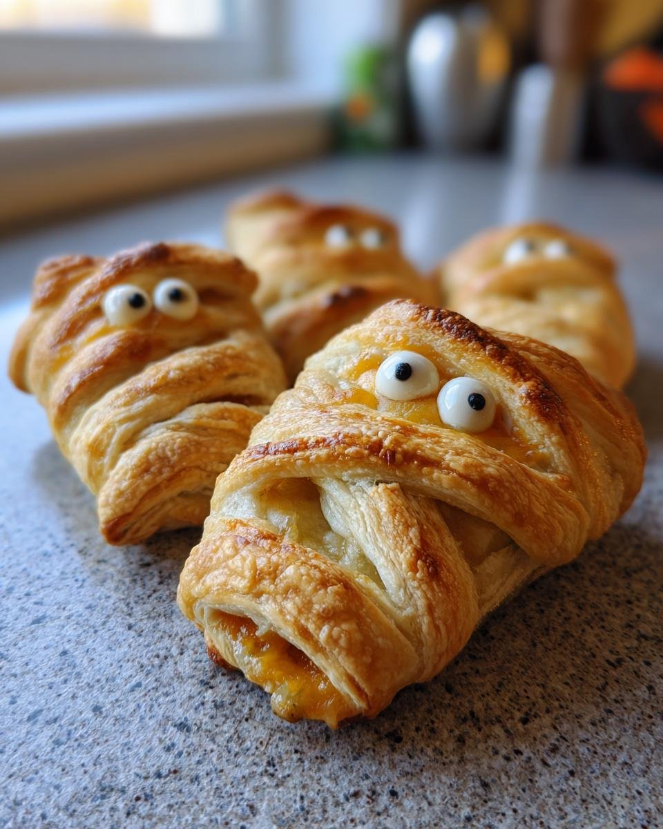 Close-up of Mummy Jalapeño Poppers (2025) with pastry 'bandages' and candy eyes, ready for a Halloween treat.