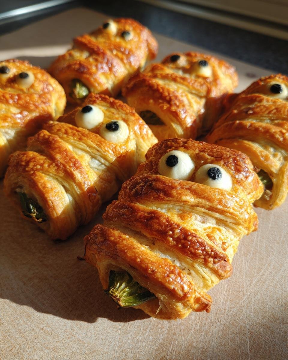 Close-up of Mummy Jalapeño Poppers (2025) with pastry 'bandages' and candy eyes on a wooden board.