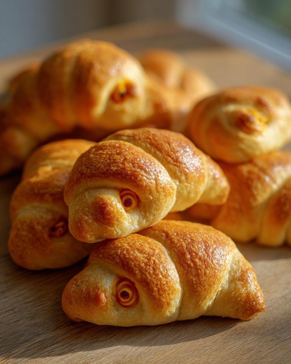 Pile of freshly baked Scary Mummy Pigs in a Blanket (2025) with cheese eyes.