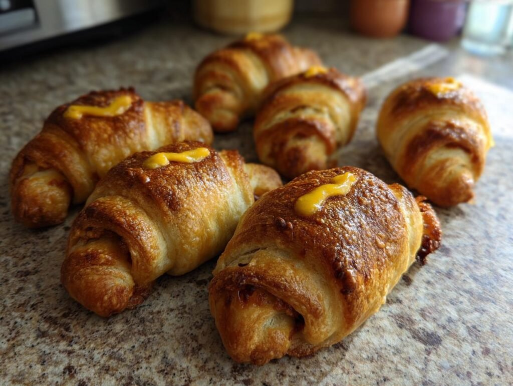 Golden brown Mummy Pigs in a Blanket (2025) with mustard "bandages" on a speckled surface.