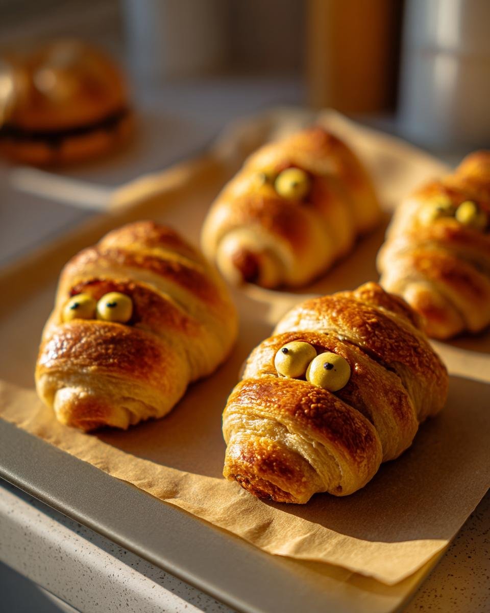 Close-up of Mummy Pigs in a Blanket (2025) on a baking sheet, featuring pastry "bandages" and olive eyes.