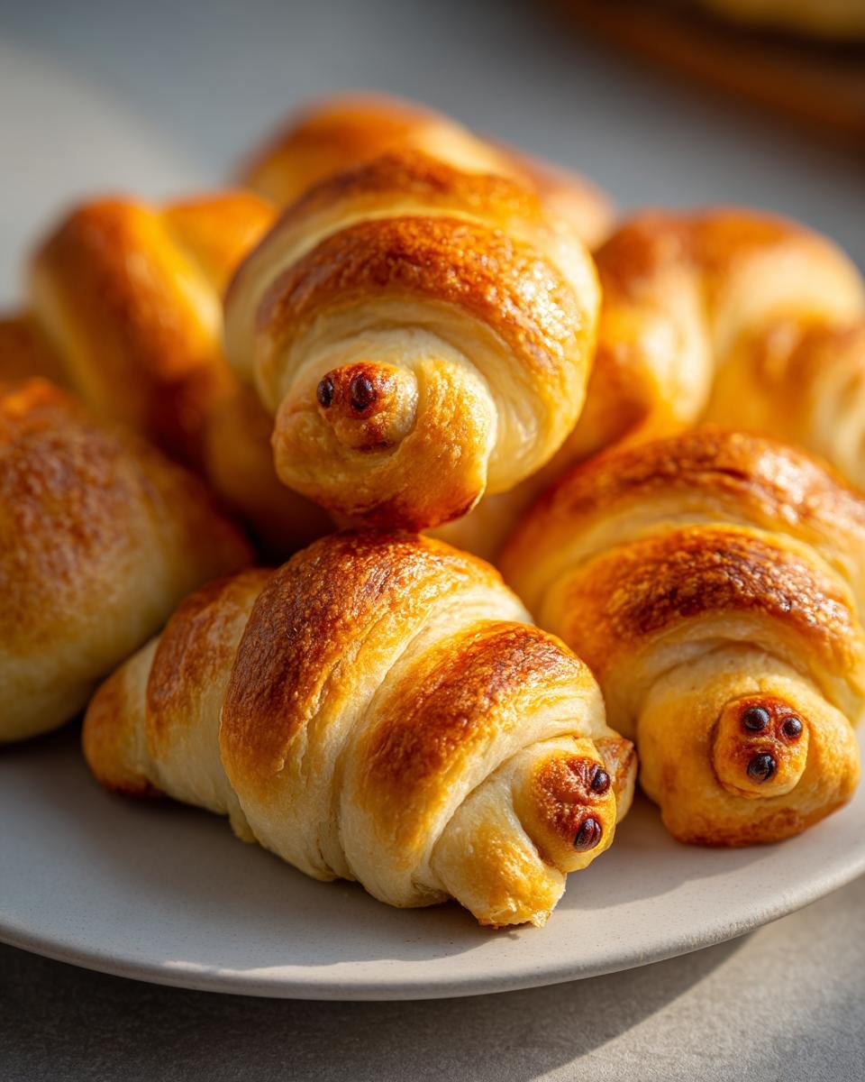 Pile of golden-brown Mummy Pigs in a Blanket (2025) on a plate, ready to be served. Halloween treat.