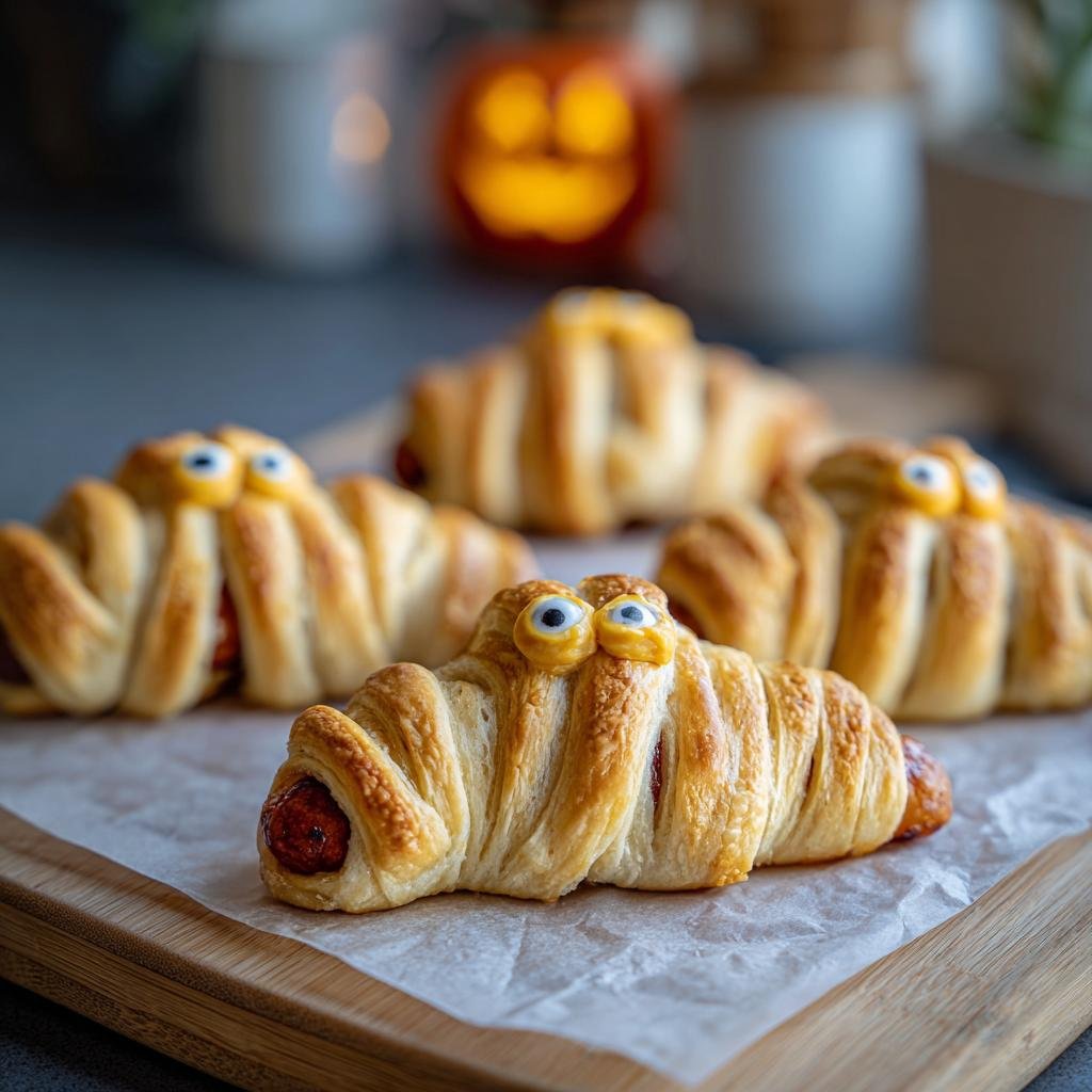 Close-up of Mummy Pigs in a Blanket (2025) with googly eyes on a wooden board for a Halloween treat.