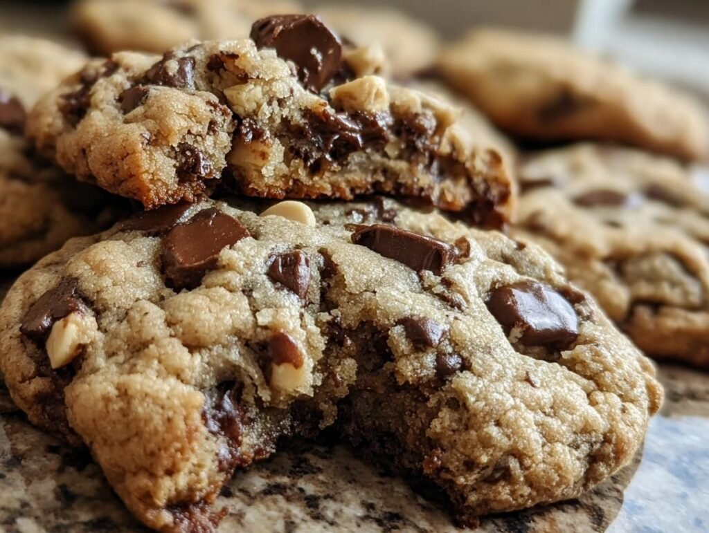 Close-up of Neiman Marcus Cookies, featuring visible chocolate chunks and a soft, chewy texture.