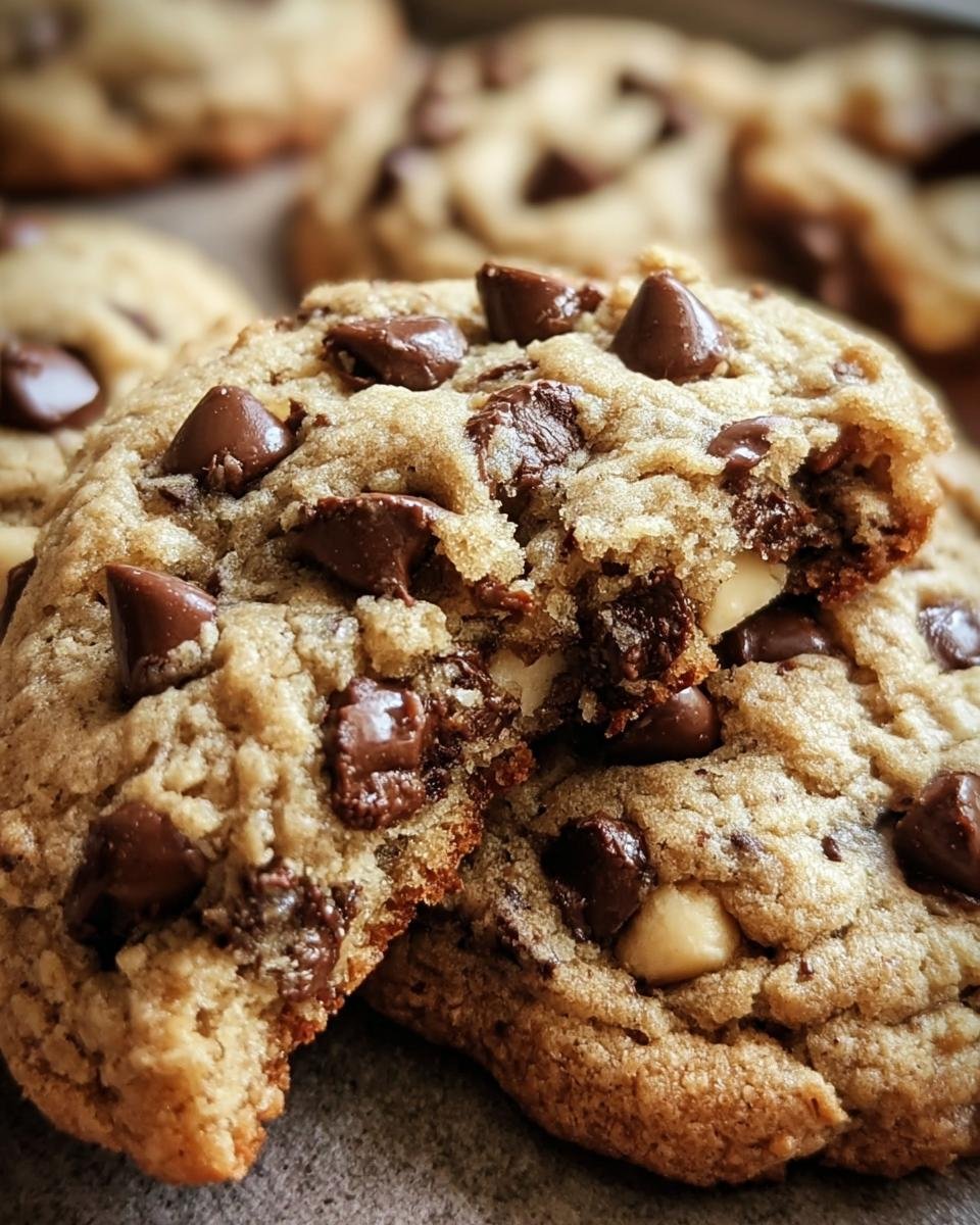 A close-up of a freshly baked Neiman Marcus Cookie, broken in half to show the chocolate chips and nuts.