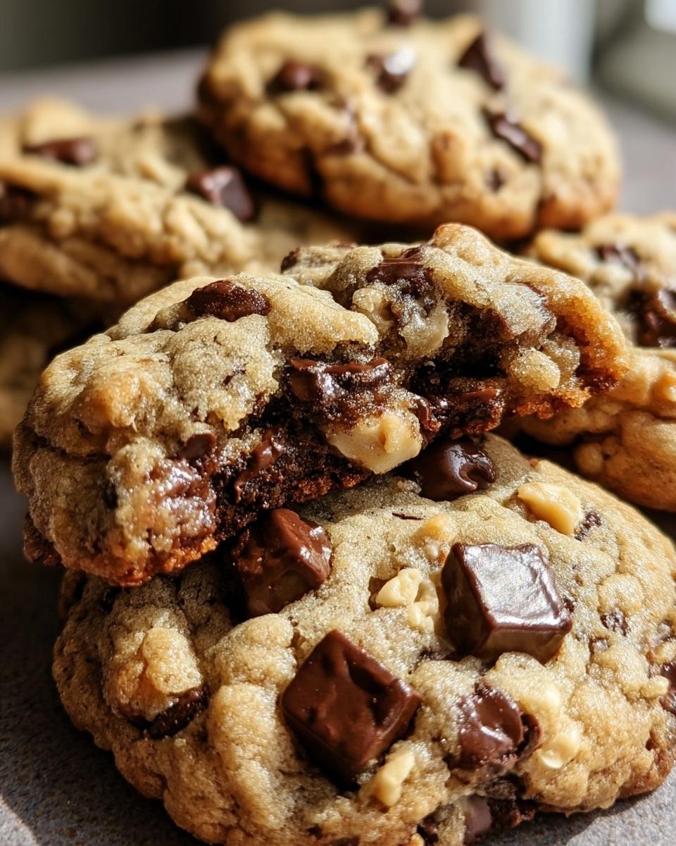 A stack of freshly baked Neiman Marcus Cookies, one broken in half to show the gooey chocolate center.