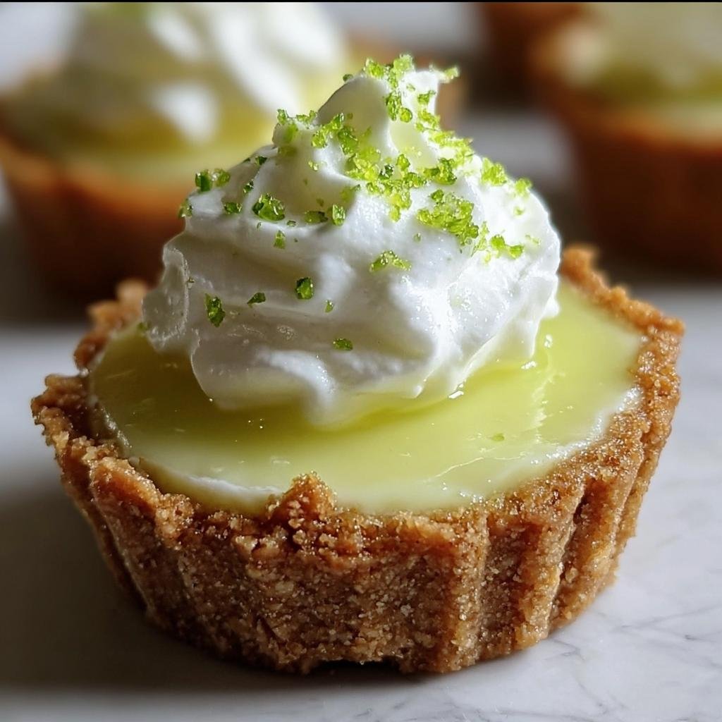 Close-up of a No-Bake Mini Lime Pie topped with whipped cream and lime zest.