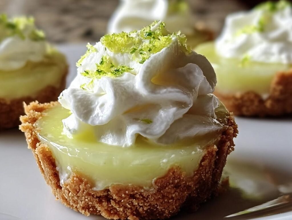 Close-up of a No-Bake Mini Lime Pie with graham cracker crust, lime filling, whipped cream, and lime zest.