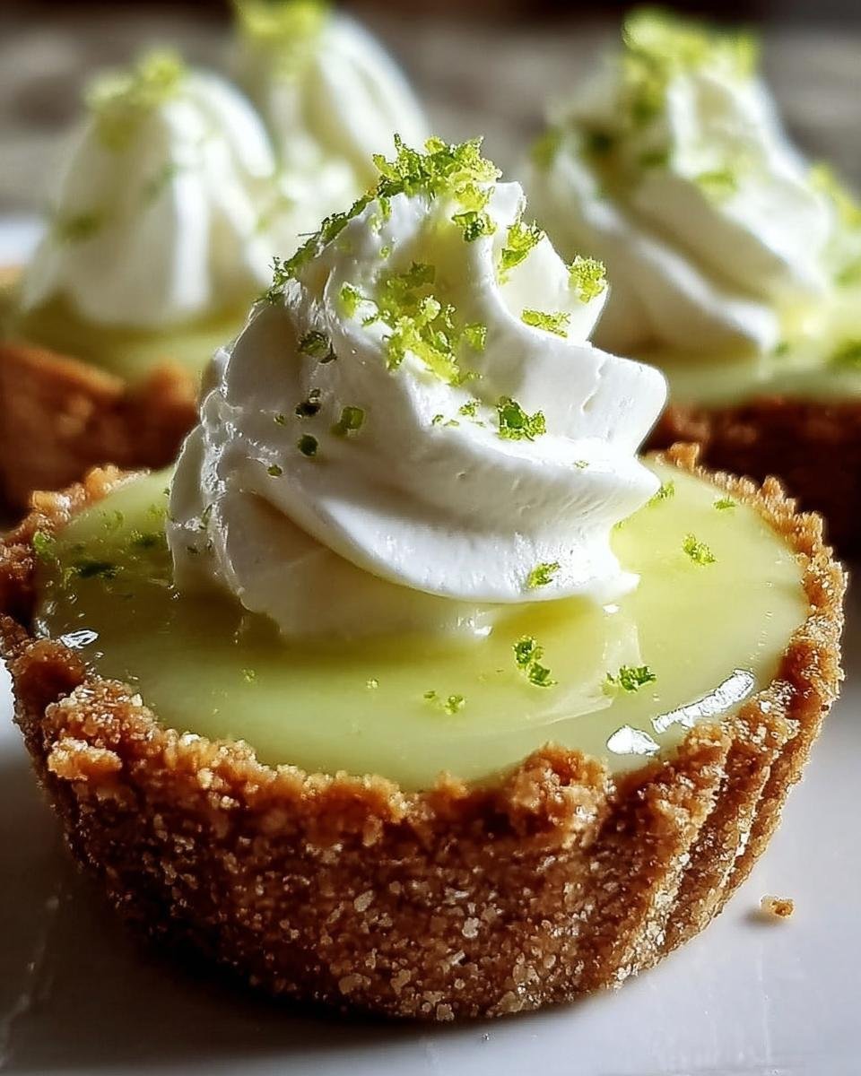 Close-up of a No-Bake Mini Lime Pie topped with whipped cream and lime zest.