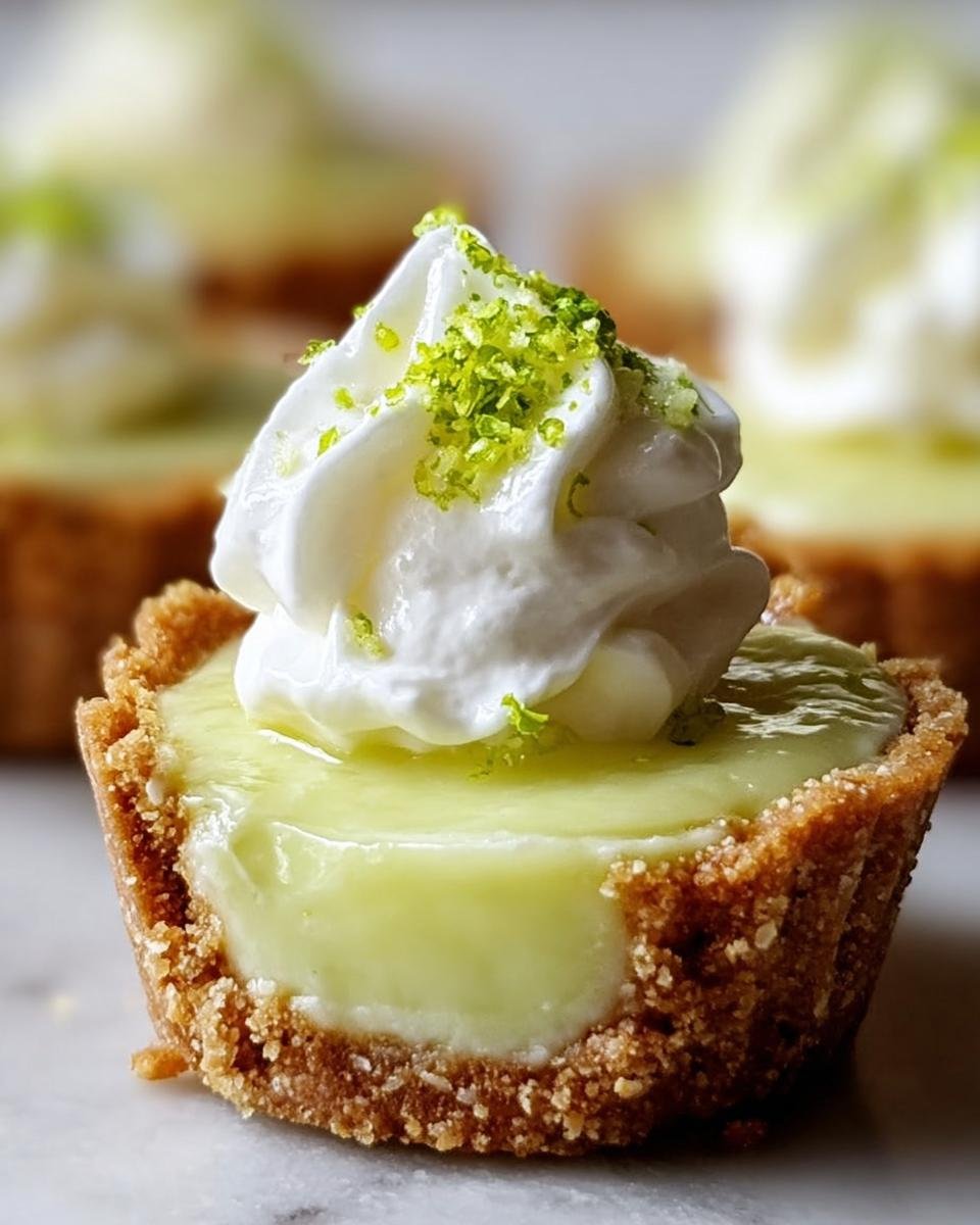A close-up of a no-bake mini lime pie topped with whipped cream and lime zest.