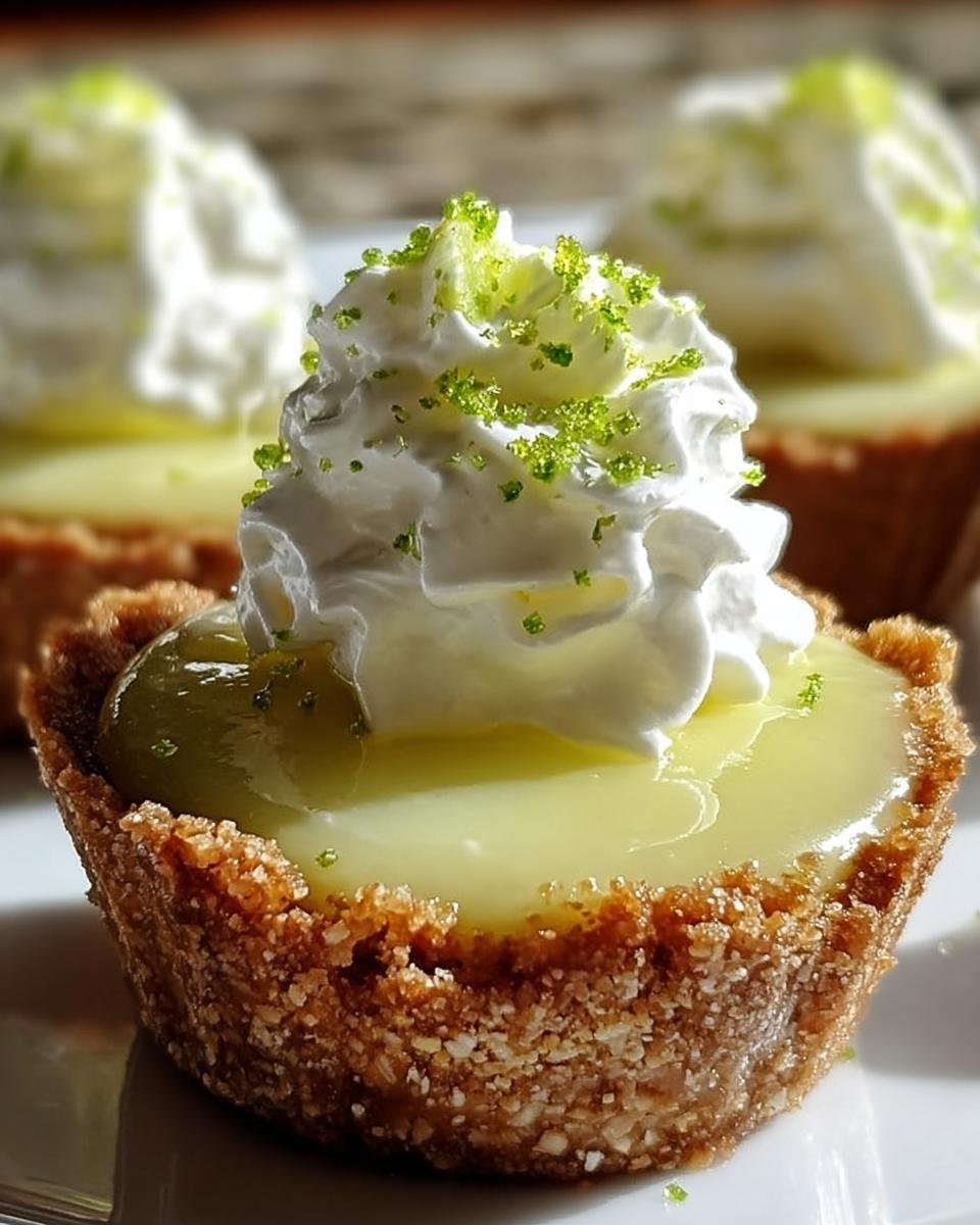 A close-up of a No-Bake Mini Lime Pie topped with whipped cream and lime zest.
