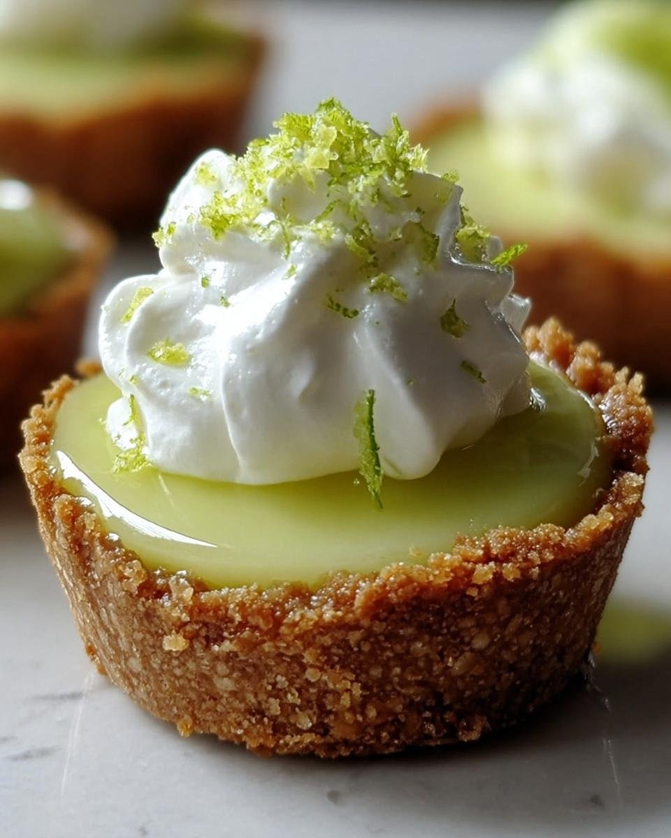 Close-up of a No-Bake Mini Lime Pie topped with whipped cream and lime zest.