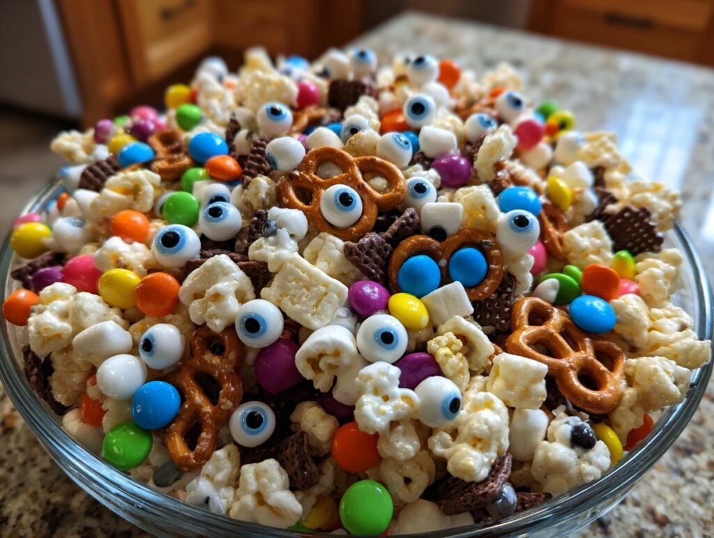 A colorful bowl of No-Bake Monster Munch Mix with popcorn, pretzels, candy eyes, and chocolate.