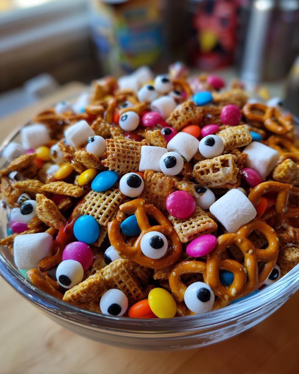 Close-up of a bowl filled with No-Bake Monster Munch Mix, featuring pretzels, cereal, marshmallows, candy, and edible eyeballs.