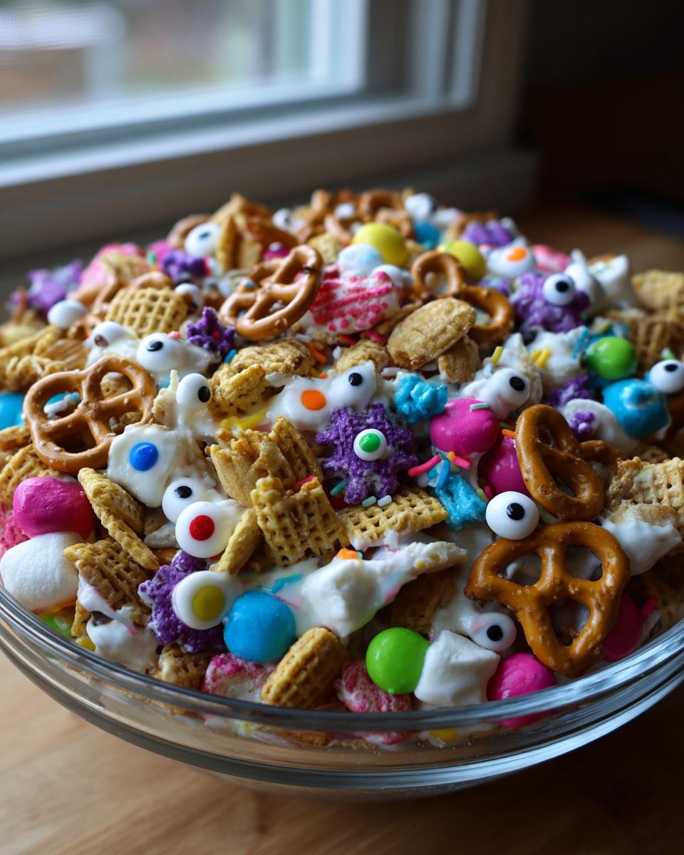 A bowl full of colorful No-Bake Monster Munch Mix with cereal, pretzels, candies, and edible monster eyes.
