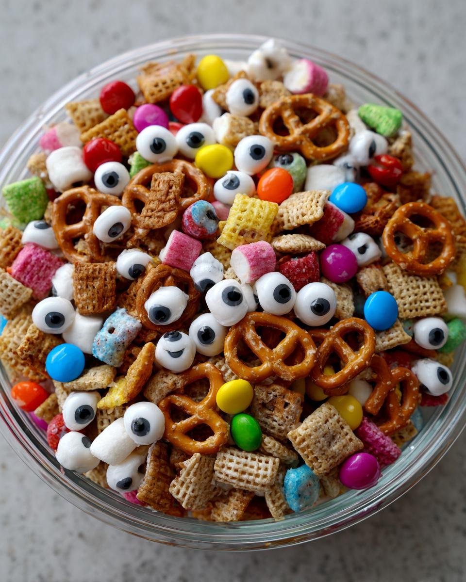 Overhead shot of a bowl filled with No-Bake Monster Munch Mix, featuring cereal, pretzels, candies, and candy eyeballs.