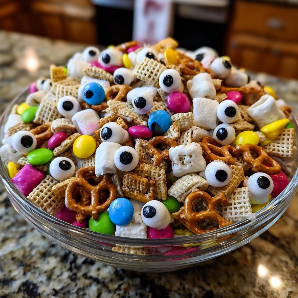A bowl filled with No-Bake Monster Munch Mix, featuring cereal, pretzels, marshmallows, candy, and edible eyeballs.