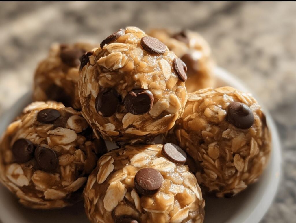 A close-up of several No-bake Protein Balls, featuring oats and chocolate chips, arranged on a plate.