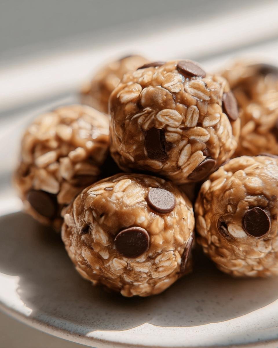 A close-up of stacked No-bake Protein Balls featuring oats and chocolate chips, ready to eat.