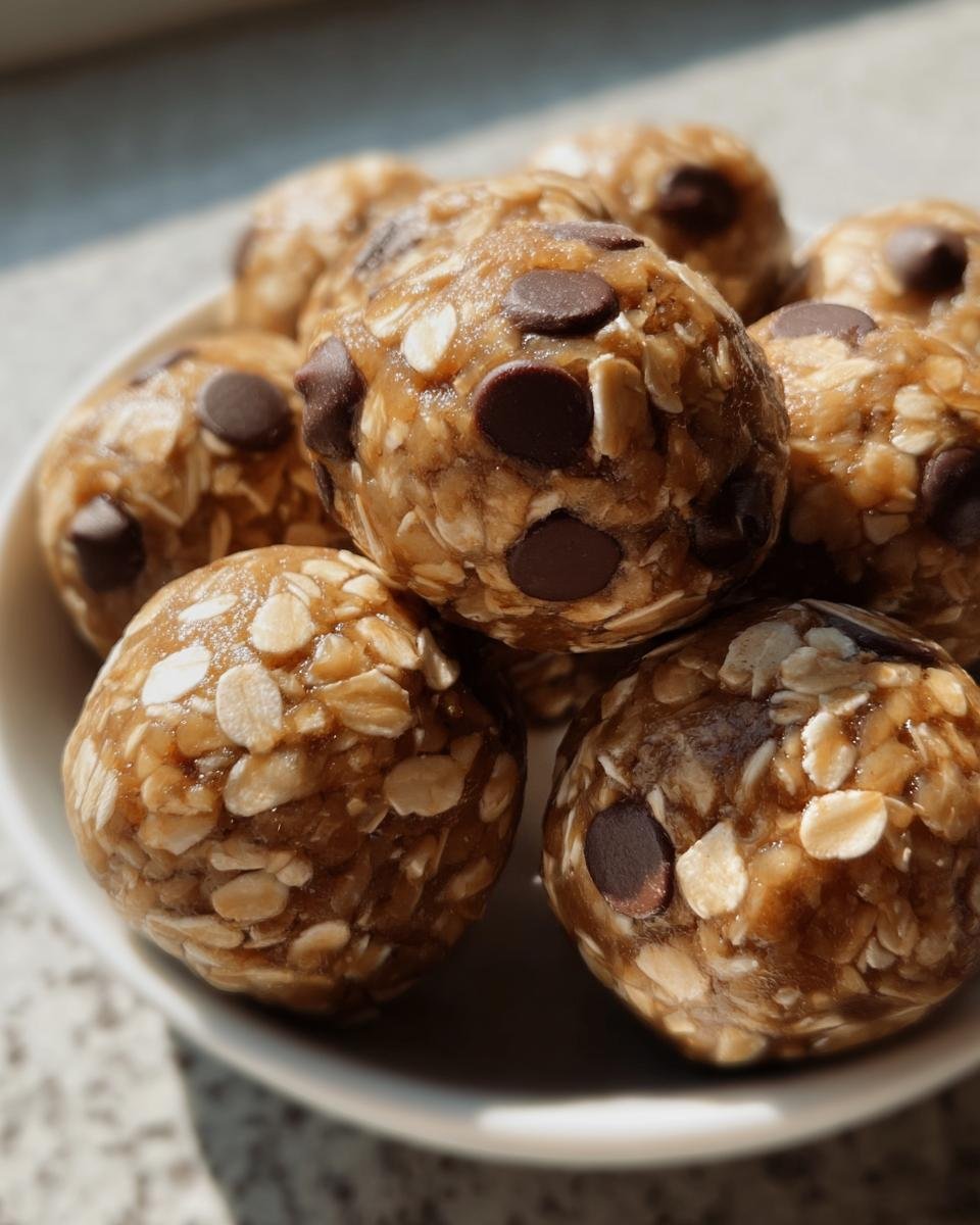 A close-up of a pile of No-bake Protein Balls featuring oats and chocolate chips.