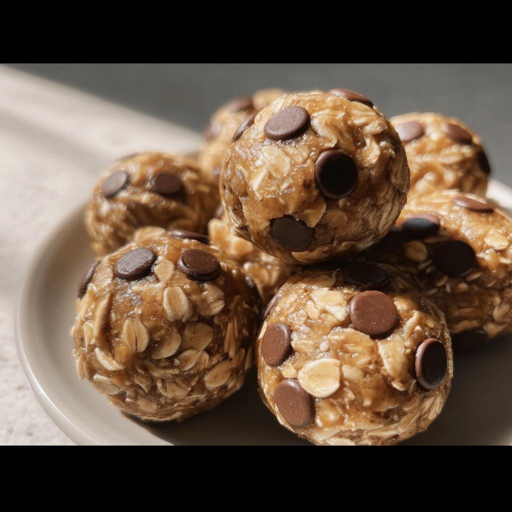 A close-up of several no-bake protein balls on a plate, featuring oats and chocolate chips.