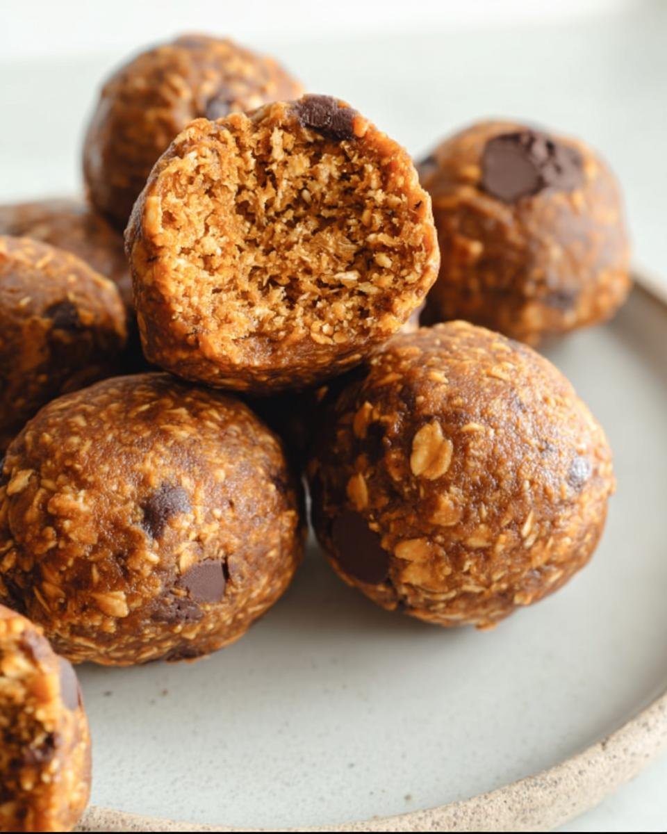 Close-up of No-Bake Pumpkin Bites with oats and chocolate chips, one bite cut in half to show texture.