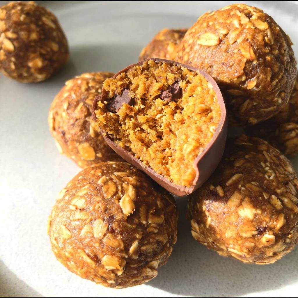 A close-up of No-Bake Pumpkin Bites, one cut in half to show the chocolate chips inside.