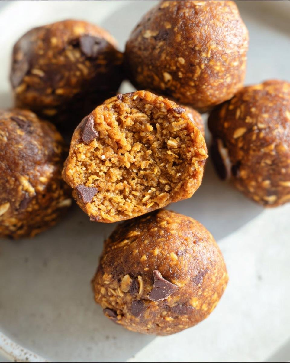 Close-up of No-Bake Pumpkin Bites with chocolate chips, one cut in half to show the texture.
