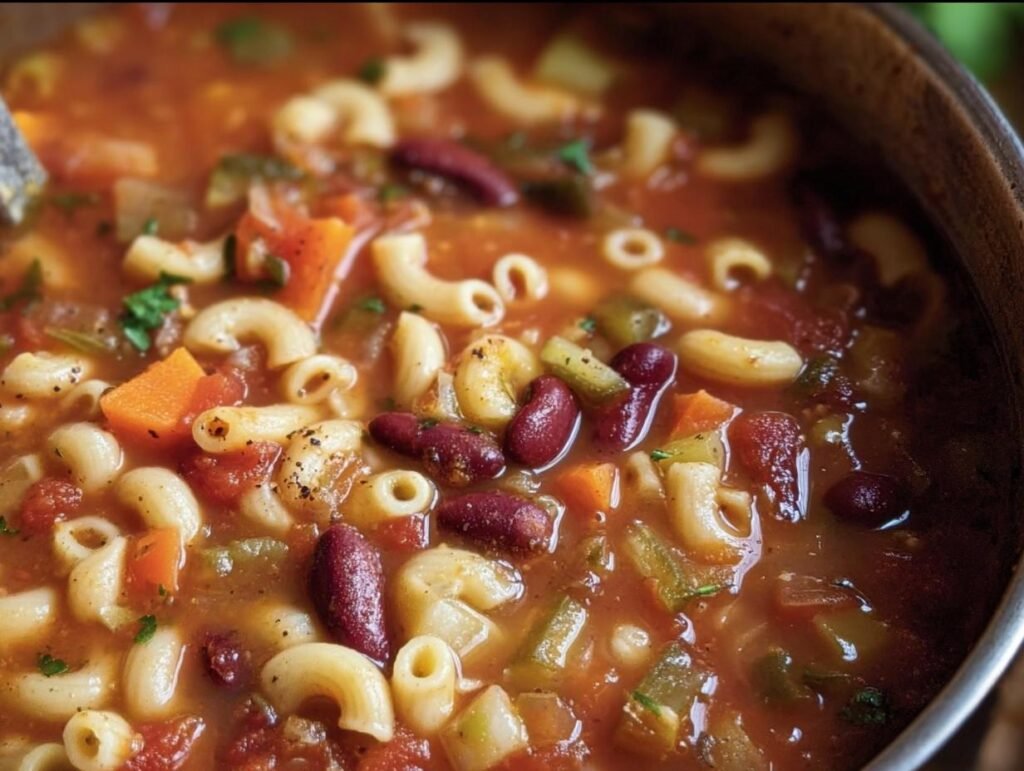 Close-up of Olive Garden Minestrone Soup with pasta, beans, and vegetables in a rich tomato broth.
