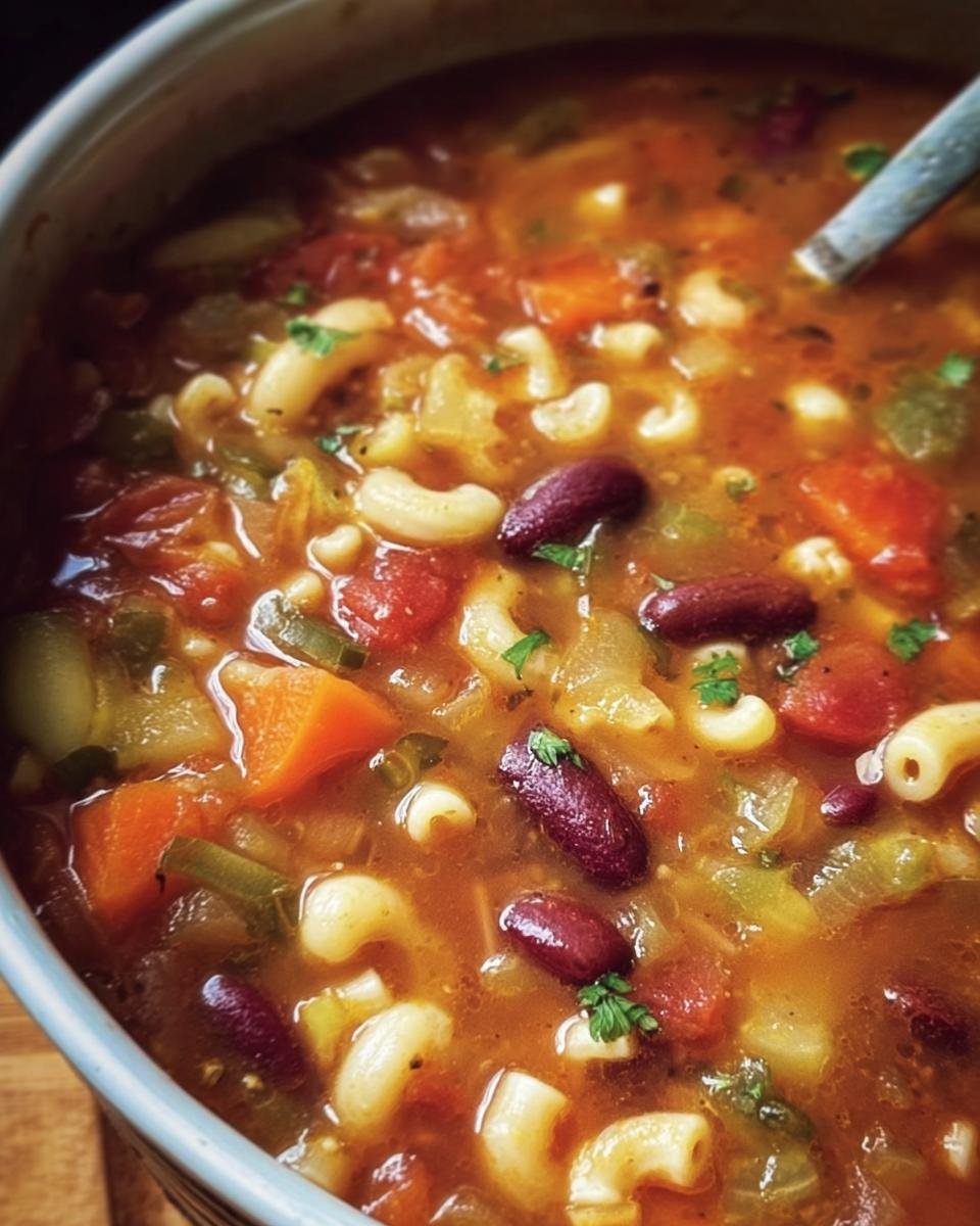 Close-up of a bowl of Olive Garden Minestrone Soup, filled with pasta, beans, and vegetables in a rich broth.