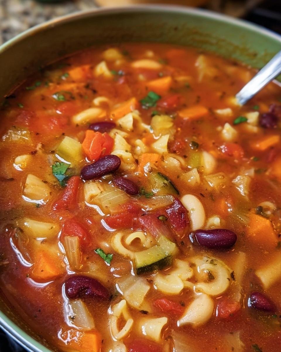Close-up of a bowl of Olive Garden Minestrone Soup, filled with vegetables, beans, and pasta.