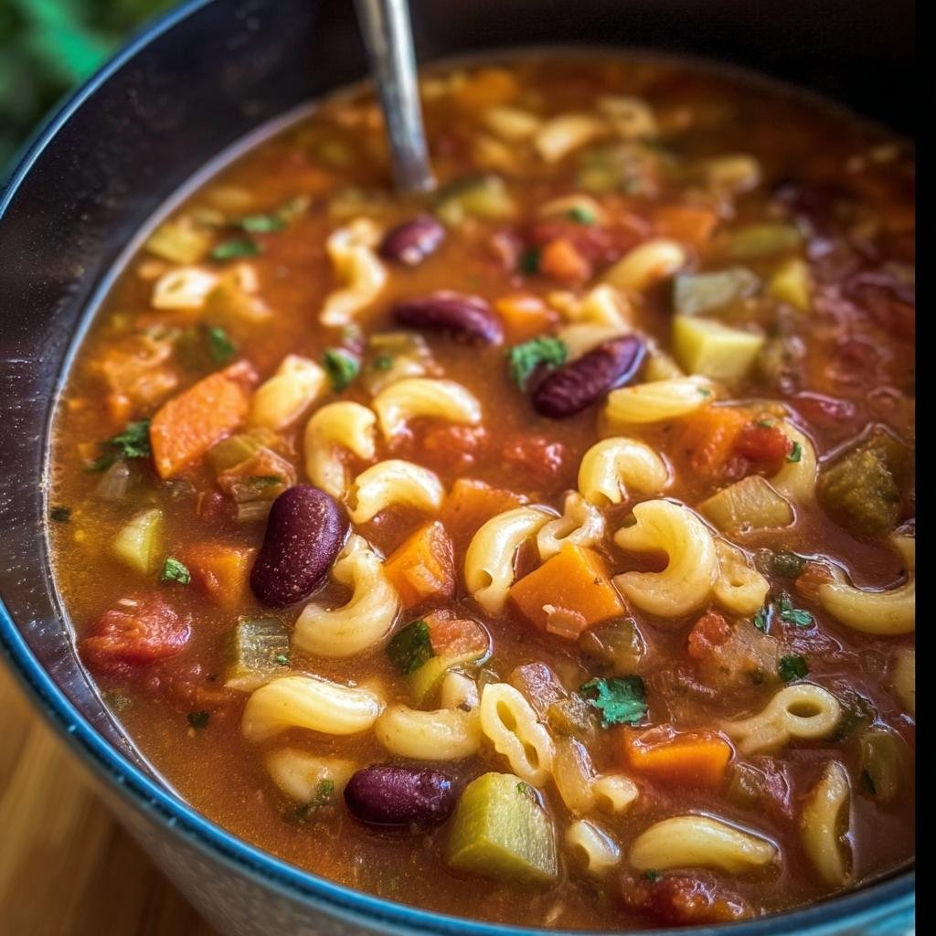 Close-up of a bowl of Olive Garden Minestrone Soup, filled with pasta, beans, and colorful vegetables.