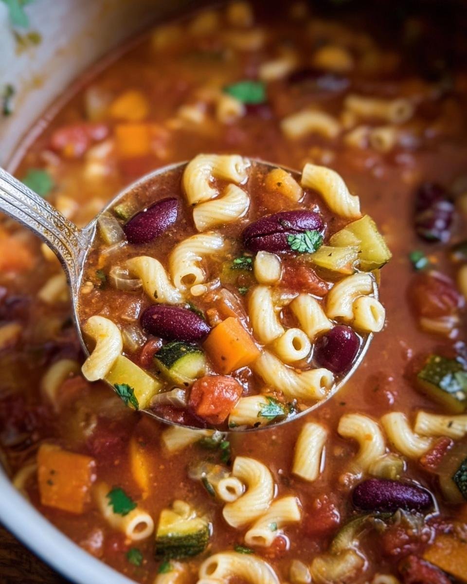 Close-up of Olive Garden Minestrone Soup on a ladle, showcasing pasta, beans, and vegetables in a rich broth.