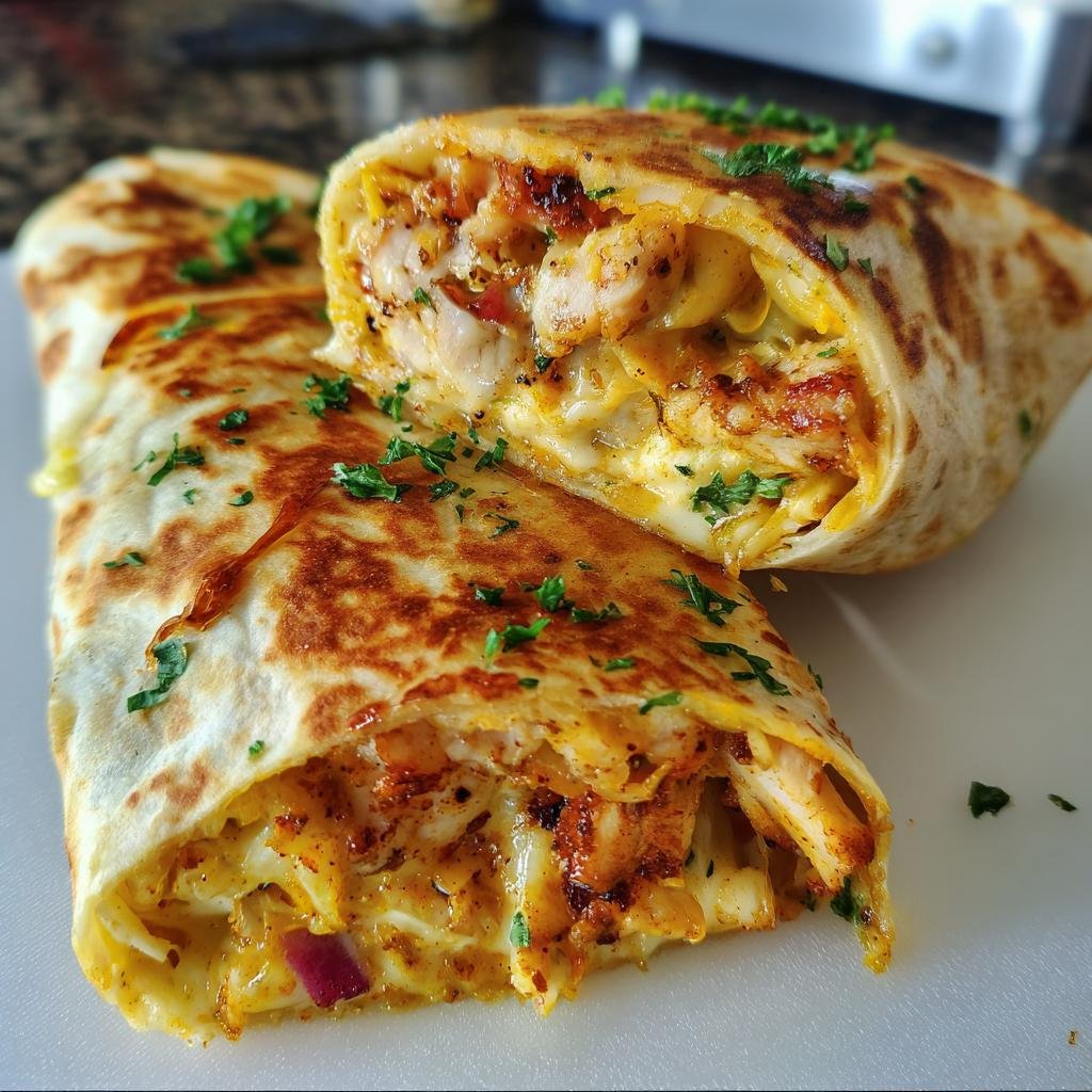 Two halves of an Ooey-Gooey Cheesy Garlic Chicken Wrap, showcasing the cheesy chicken filling and toasted tortilla.