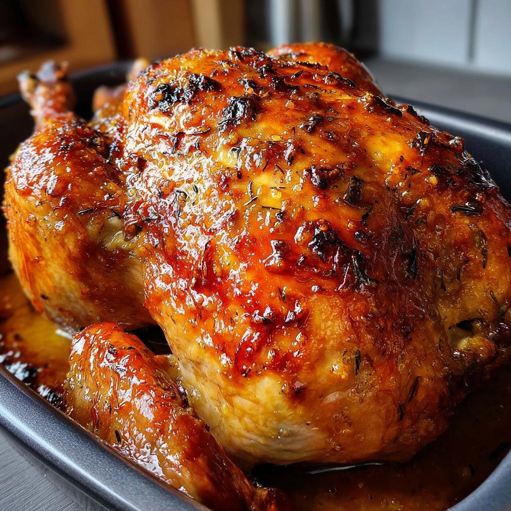 A whole Orange Glazed Turkey Breast, roasted to perfection in a baking pan. Juicy and flavorful.