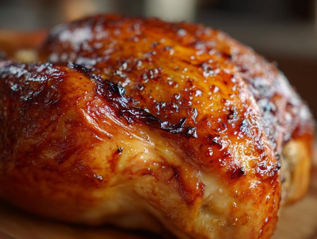 Close-up of a roasted Orange Glazed Turkey Breast with a shiny, caramelized glaze.