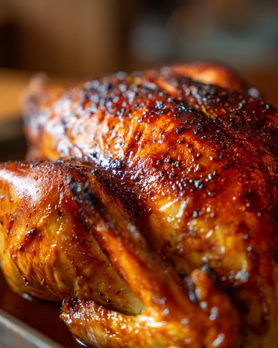 Close-up of a roasted Orange Glazed Turkey Breast with a shiny, caramelized glaze.