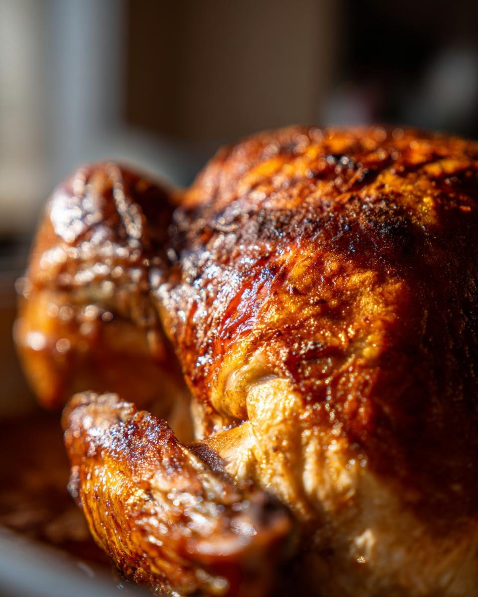 Close-up of a perfectly roasted Orange Glazed Turkey Breast with a golden-brown, glistening glaze.