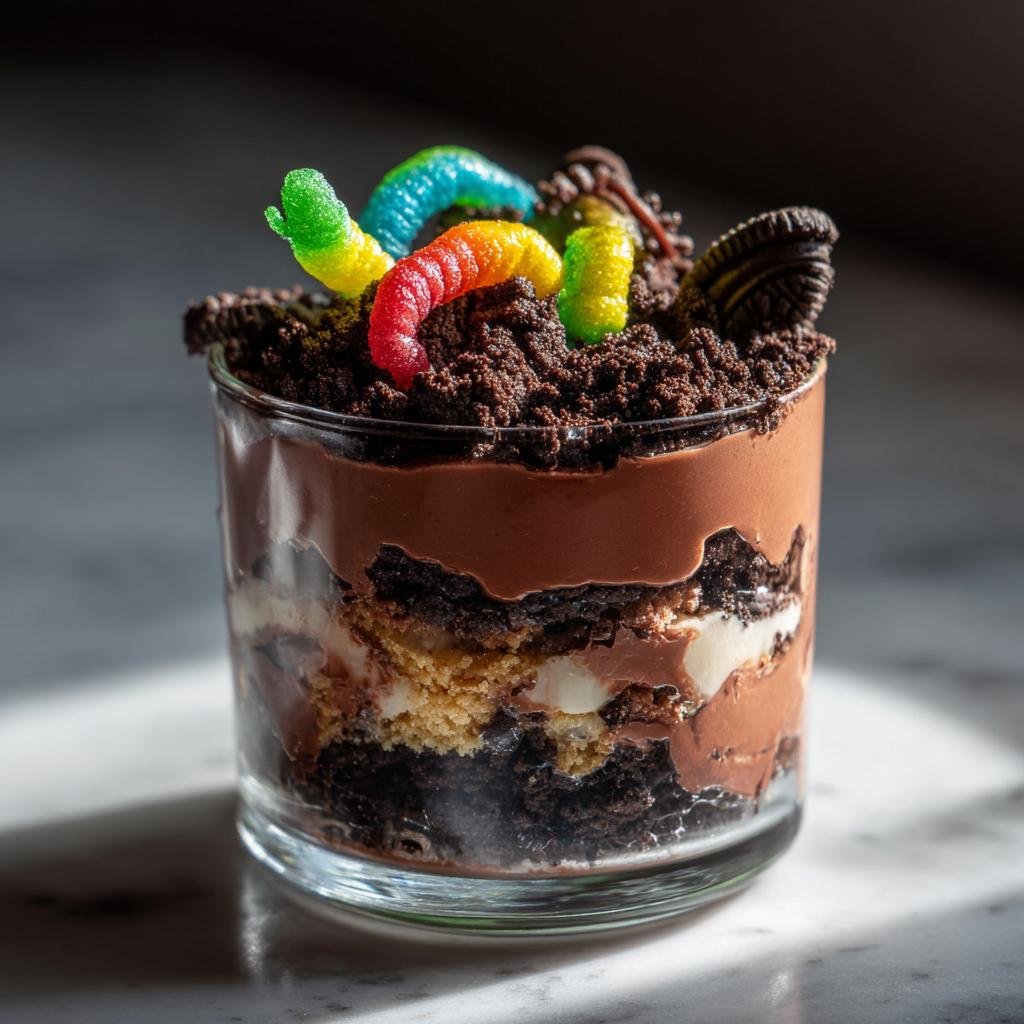 A layered Oreo Dirt Dessert in a glass, topped with gummy worms and crushed Oreos.