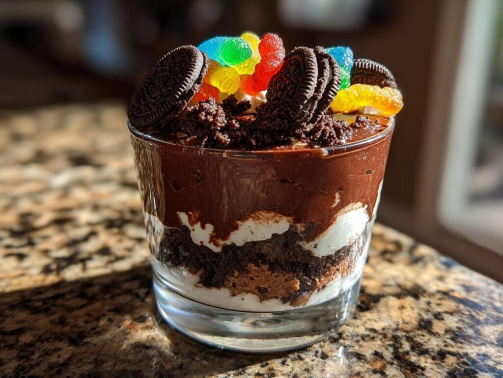 Close-up of Oreo Dirt Dessert in a glass, topped with crushed Oreos and gummy worms.
