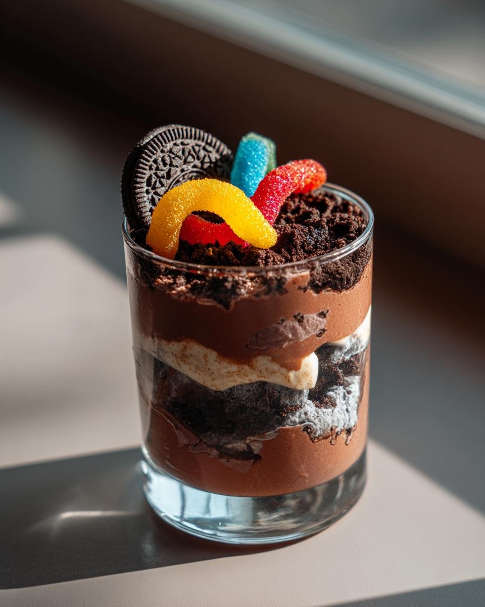 Close-up of Oreo Dirt Dessert in a glass, topped with gummy worms and an Oreo cookie.