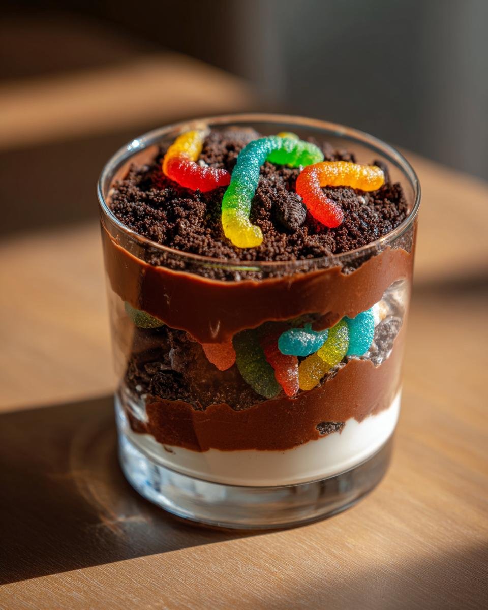 Close-up of Oreo Dirt Dessert in a glass, layered with pudding, crushed Oreos, and gummy worms.