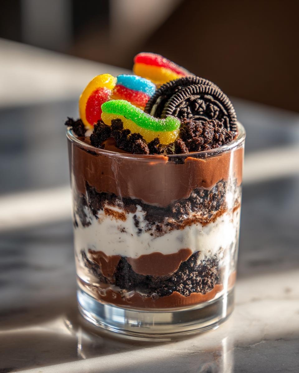 Close-up of Oreo Dirt Dessert layered in a glass, topped with gummy worms and an Oreo cookie.