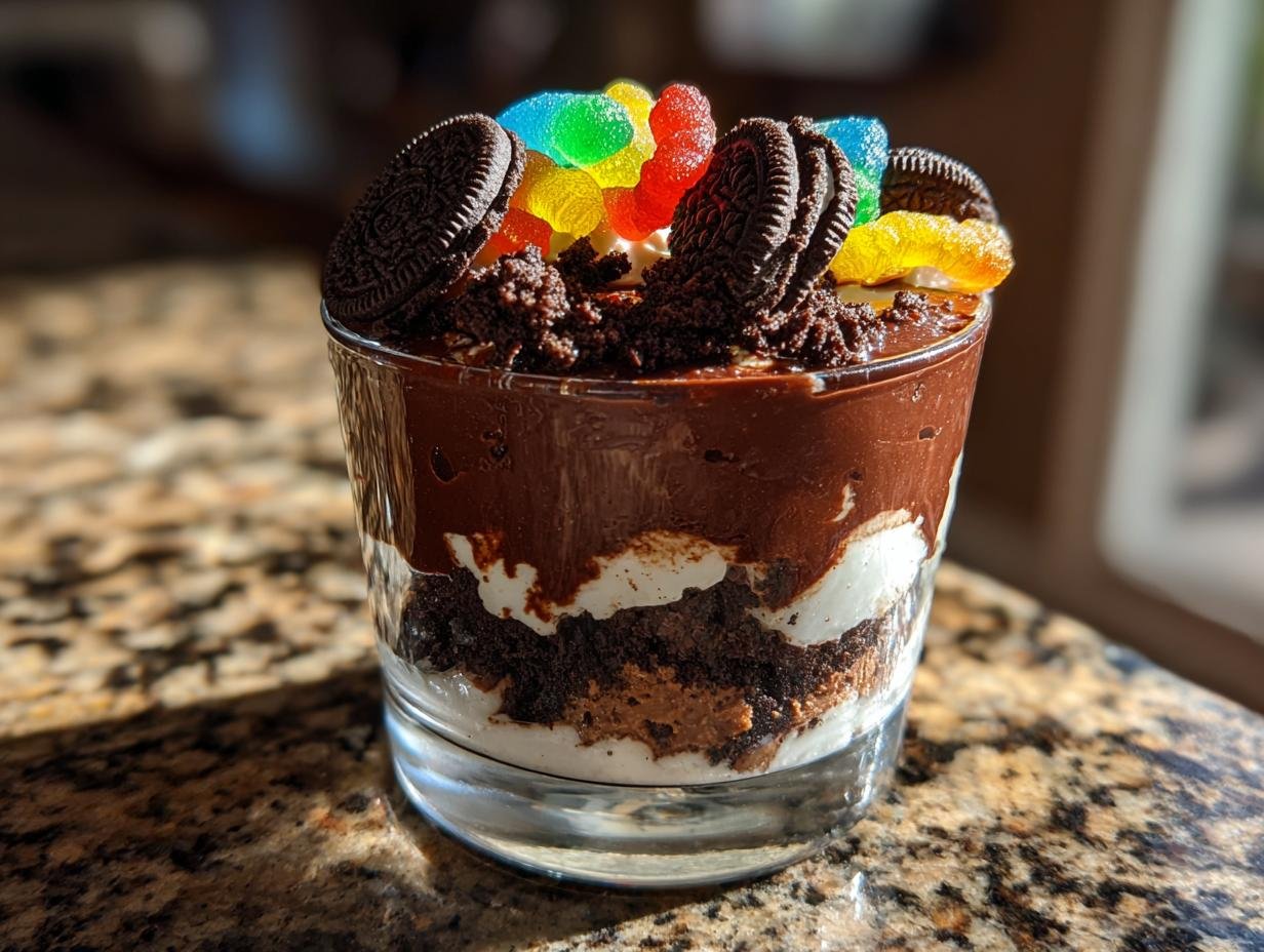 Close-up of Oreo Dirt Dessert in a glass, topped with crushed Oreos and gummy worms.
