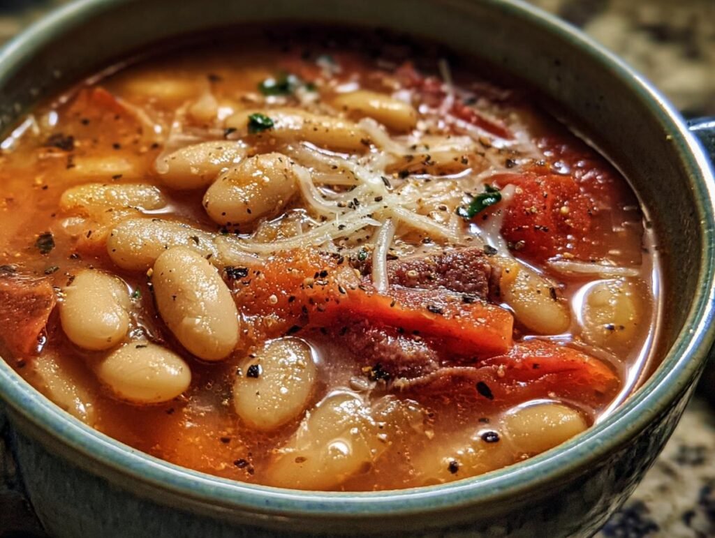 Close-up of Parmesan Tomato Cannellini Bean Soup in a blue bowl, garnished with parmesan and herbs.