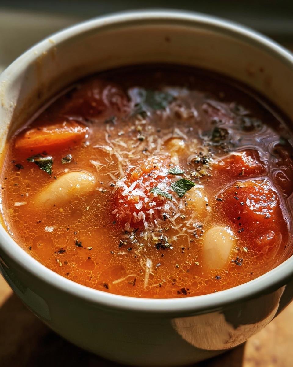 A bowl of Parmesan Tomato Cannellini Bean Soup, topped with parmesan and herbs.