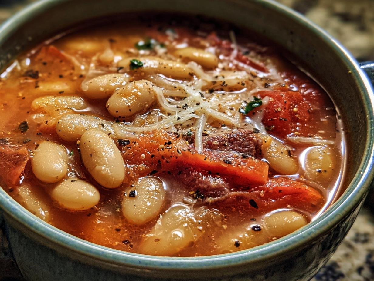 Close-up of Parmesan Tomato Cannellini Bean Soup in a blue bowl, garnished with parmesan and herbs.