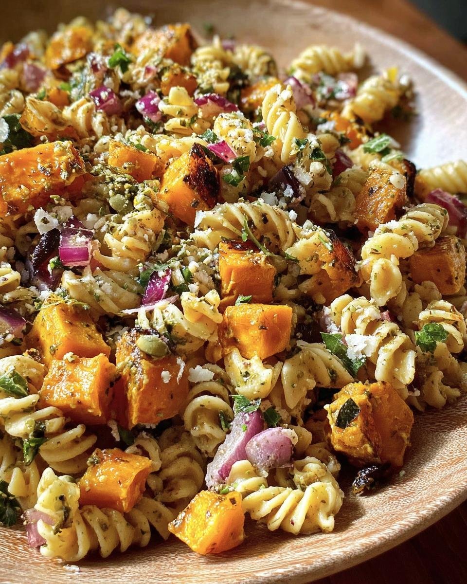 Close-up of Pasta Salad with Butternut squash, red onion, and herbs on a wooden plate.
