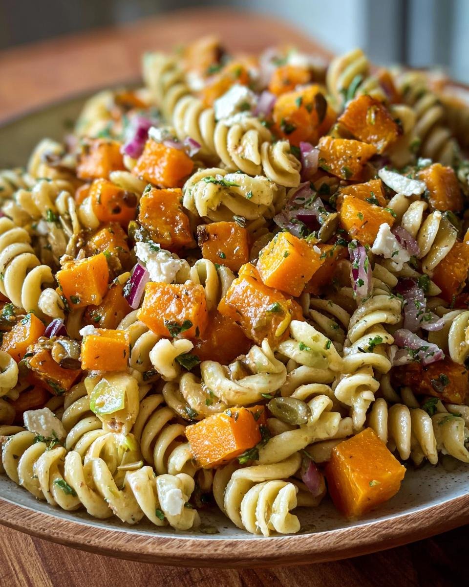 Close-up of Pasta Salad with Butternut squash, red onion, feta, and herbs.
