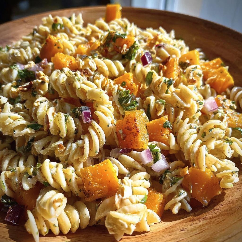 Close-up of a wooden bowl filled with Pasta Salad with Butternut, red onions, and herbs.